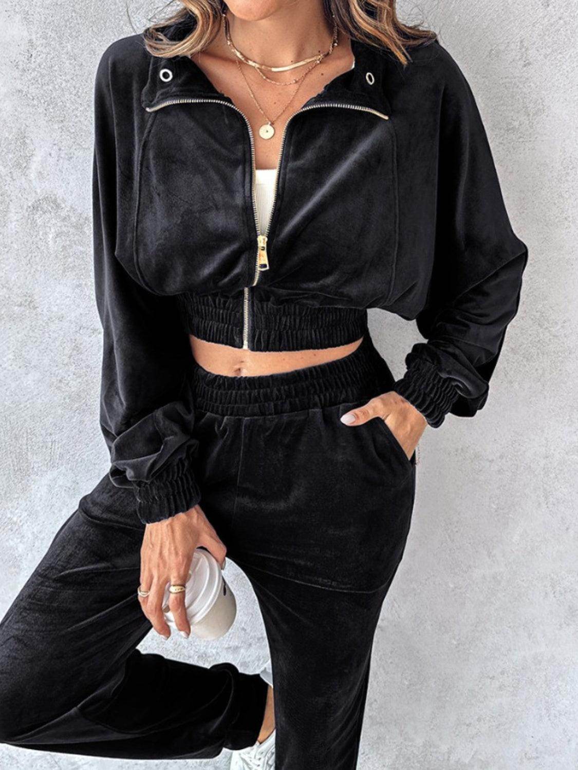 Zip Up Long Sleeve Cropped Top and Joggers Set for Women