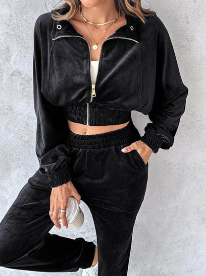 Zip Up Long Sleeve Cropped Top and Joggers Set for Women