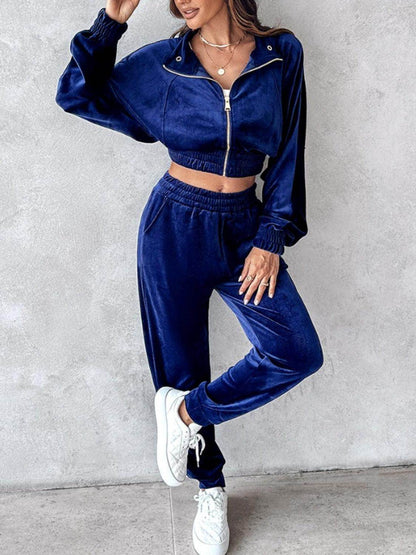 Zip Up Long Sleeve Cropped Top and Joggers Set for Women