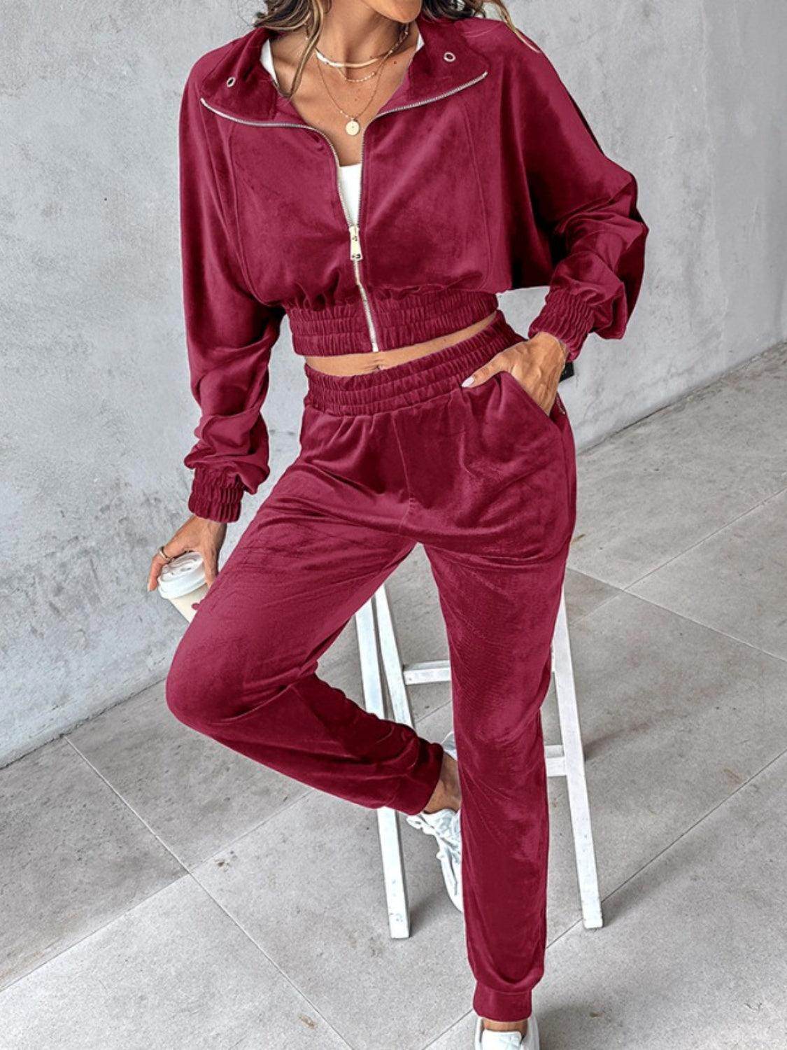 Zip Up Long Sleeve Cropped Top and Joggers Set for Women