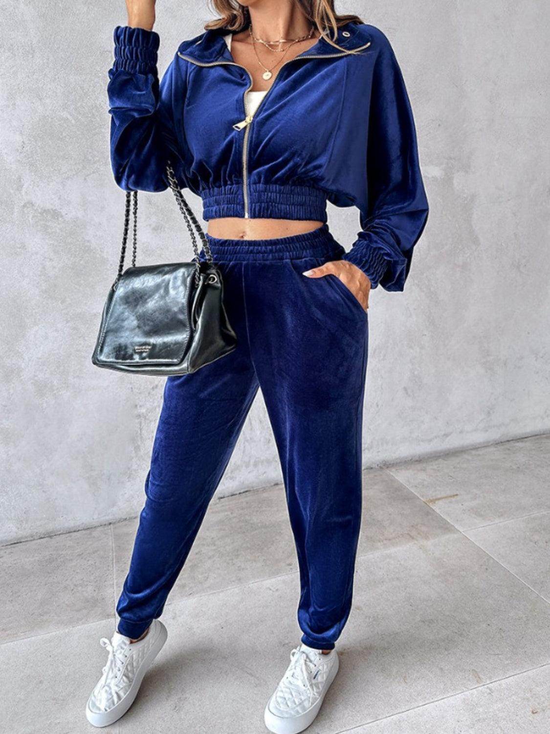 Zip Up Long Sleeve Cropped Top and Joggers Set for Women