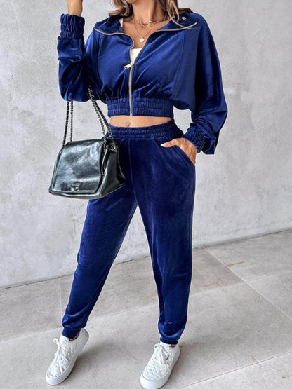 Zip Up Long Sleeve Cropped Top and Joggers Set for Women