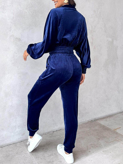 Zip Up Long Sleeve Cropped Top and Joggers Set for Women
