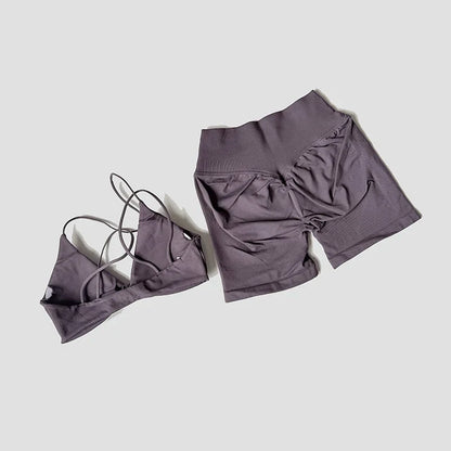 Ensemble Sport 2 Pièces Brassière Torsadée & Short Froncé