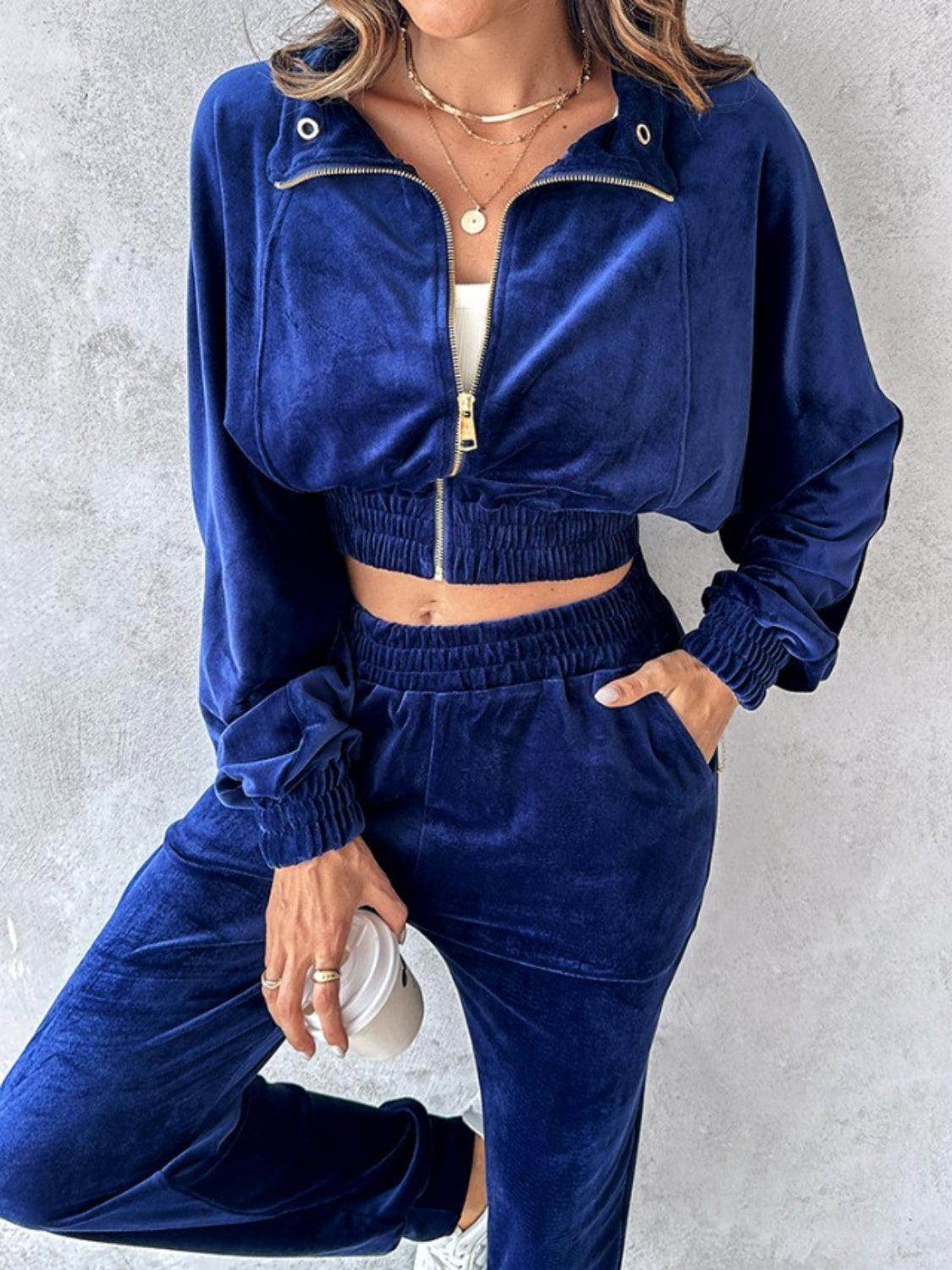 Zip Up Long Sleeve Cropped Top and Joggers Set for Women