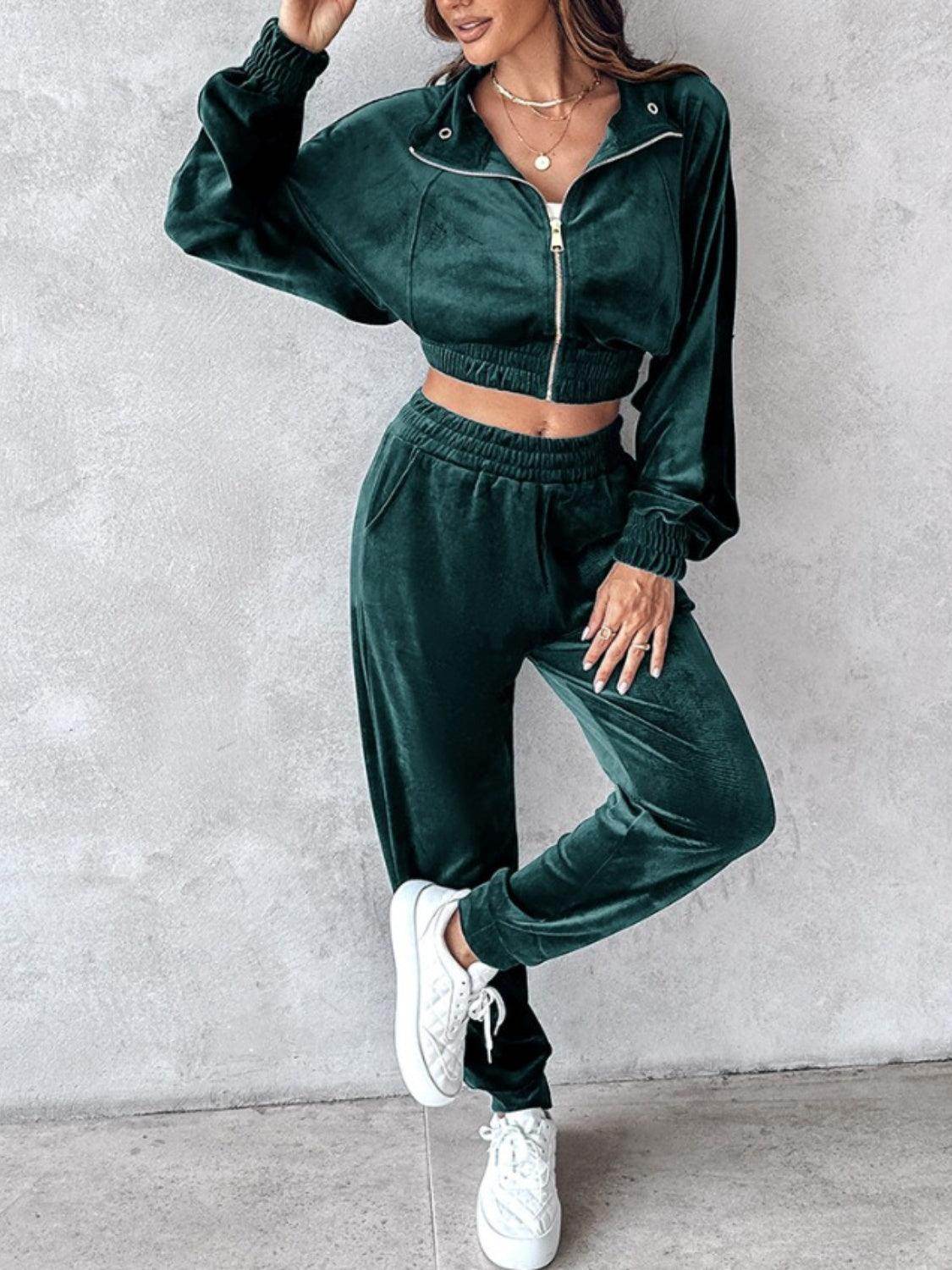 Zip Up Long Sleeve Cropped Top and Joggers Set for Women
